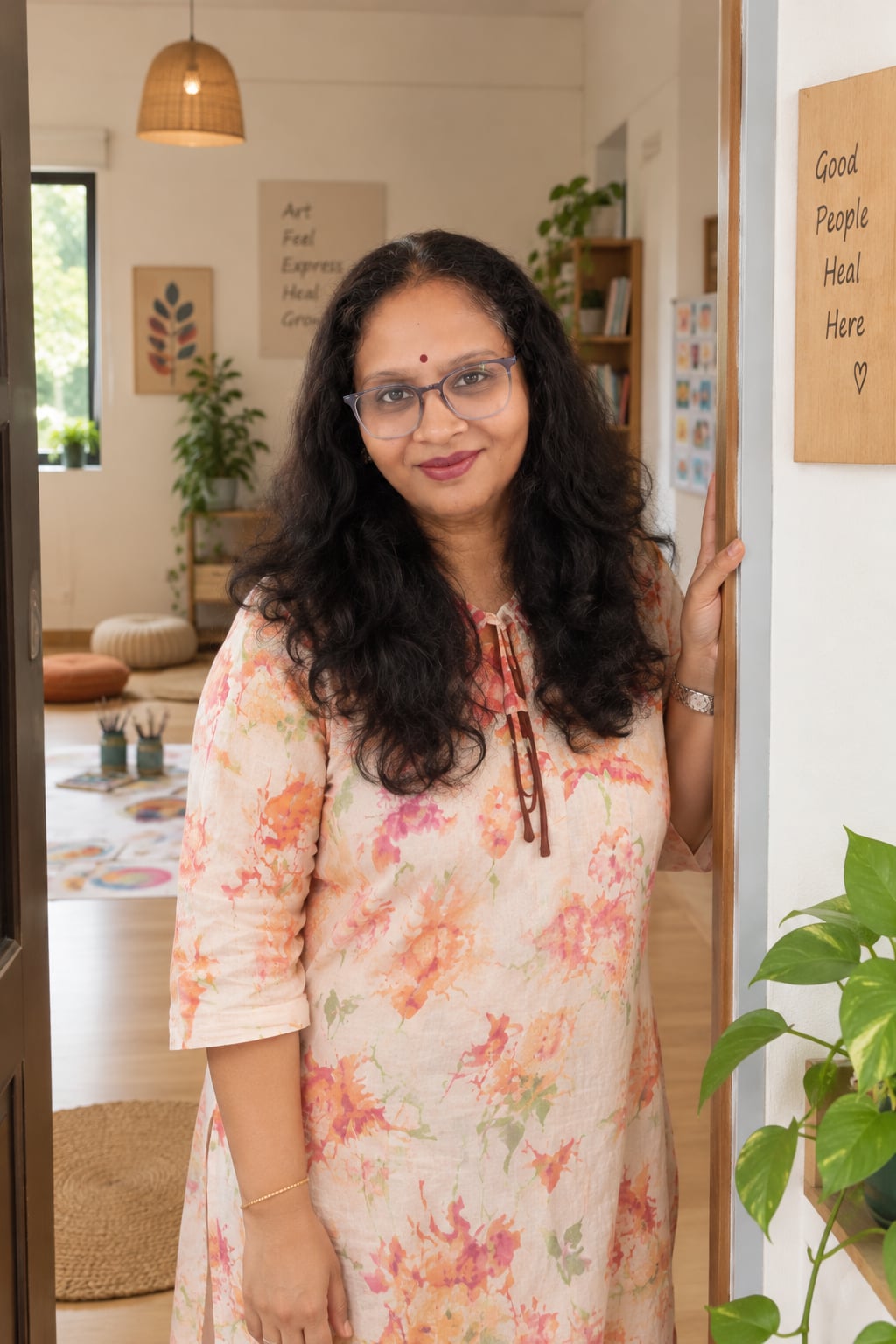 Priti standing in the doorway of the Jatan studio, with the room visible behind her